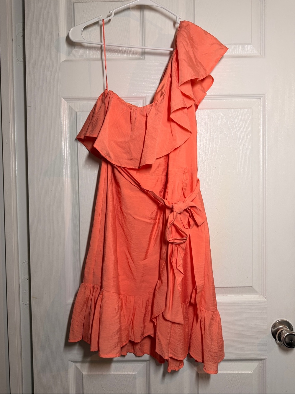 Express Coral One-Shoulder Ruffle Dress with Tie